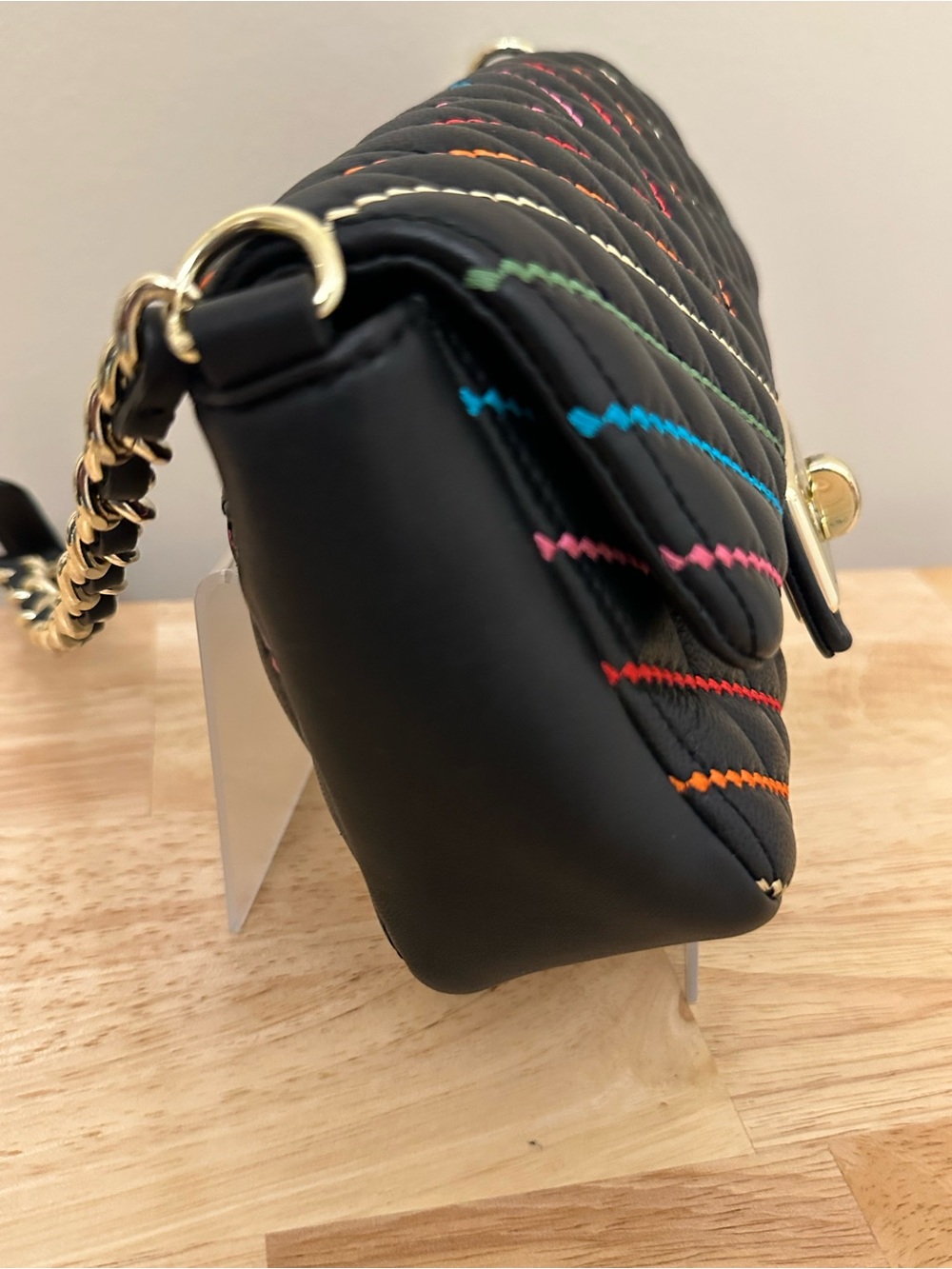 Karl Lagerfeld Black Quilted Crossbody Bag with Multicolor Stitching - Picture 8 of 16